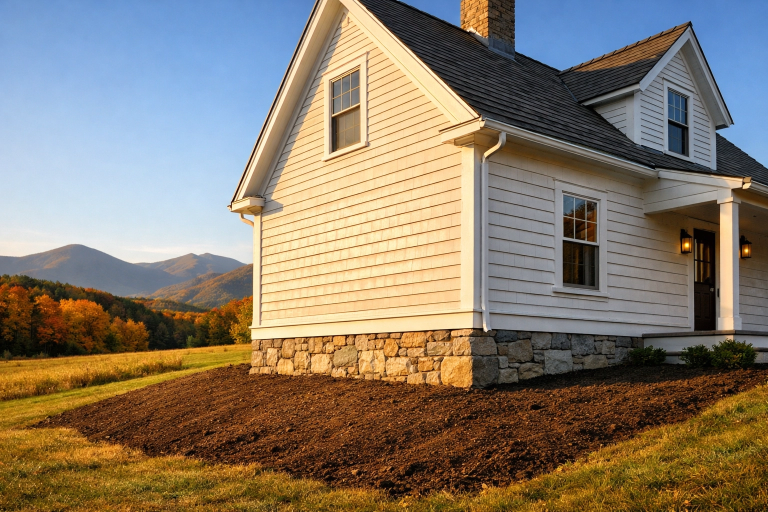 White New England farmhouse showing proper grading and gutters, a key part of a home inspection checklist.