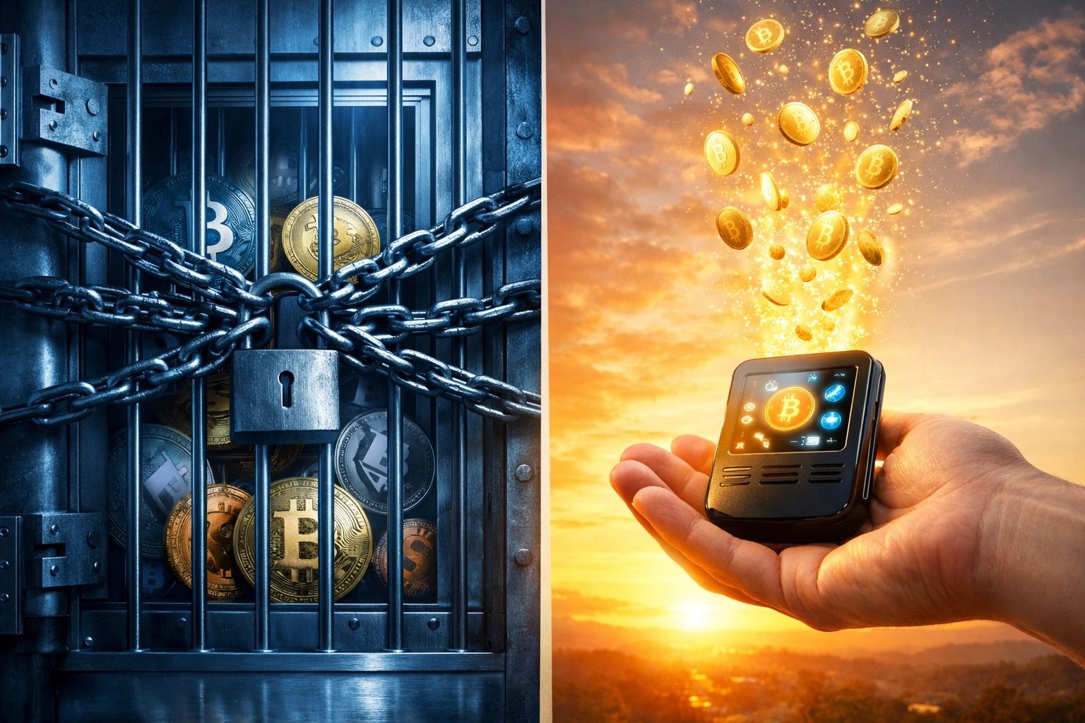 Self-custody crypto wallet vs custodial payment processor showing merchant financial independence