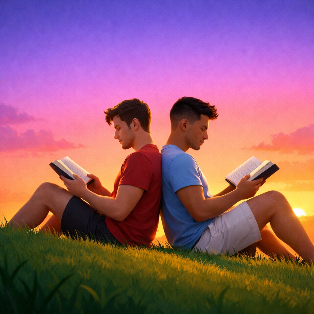 Two gay men reading together on a hill at sunset, representing the peace and joy found in MM romance books.