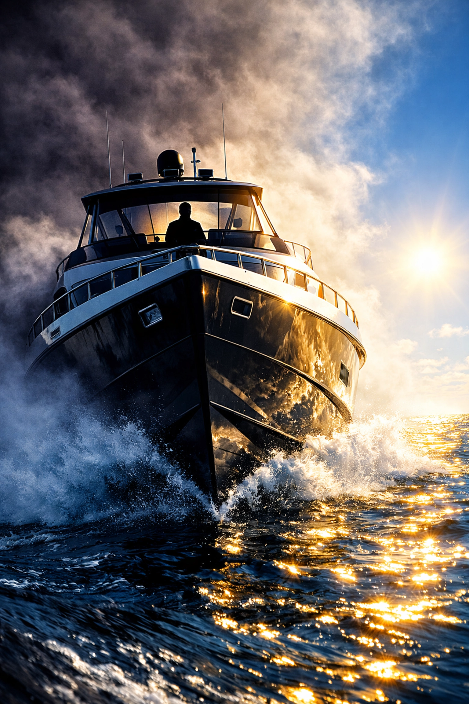 Sovereign trustee navigating a modern ship from dark banking currents into clear waters of the private sea.