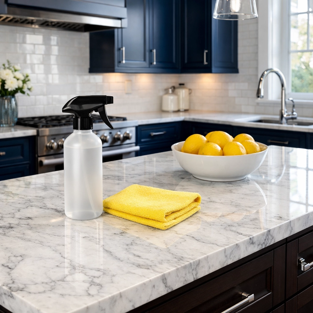Eco-friendly Foxborough residential cleaning on luxury Carrara marble kitchen countertops.