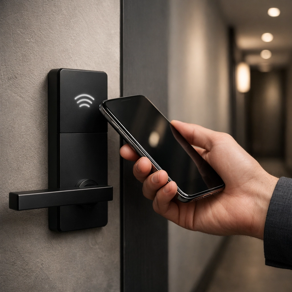 Guest using a digital key on their smartphone for a seamless and automated hotel check-in process.
