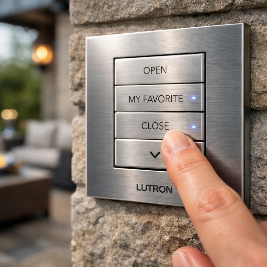 Lutron motorized shade control panel Westlake luxury home automation