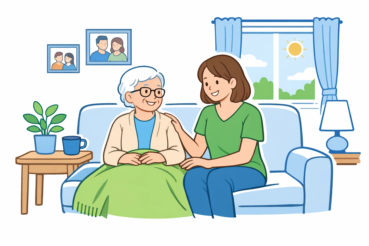 Family caregiver spending quality time with elderly loved one at home