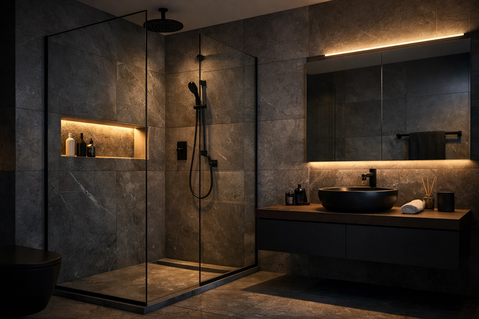 Modern small bathroom render - LED niche lighting, clear glass shower, ultra-real 8K materials