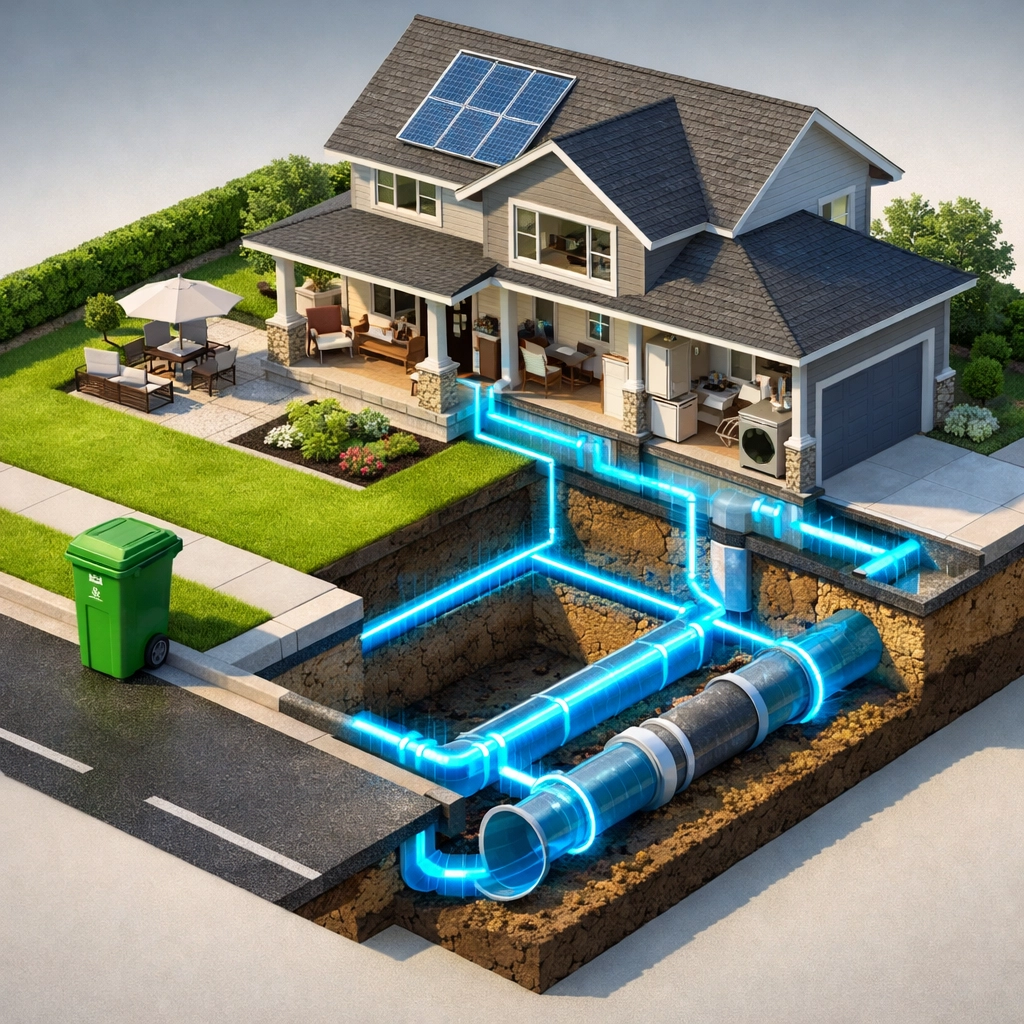 Illustration of underground water and sewer lines connecting to a suburban home with a trash bin.