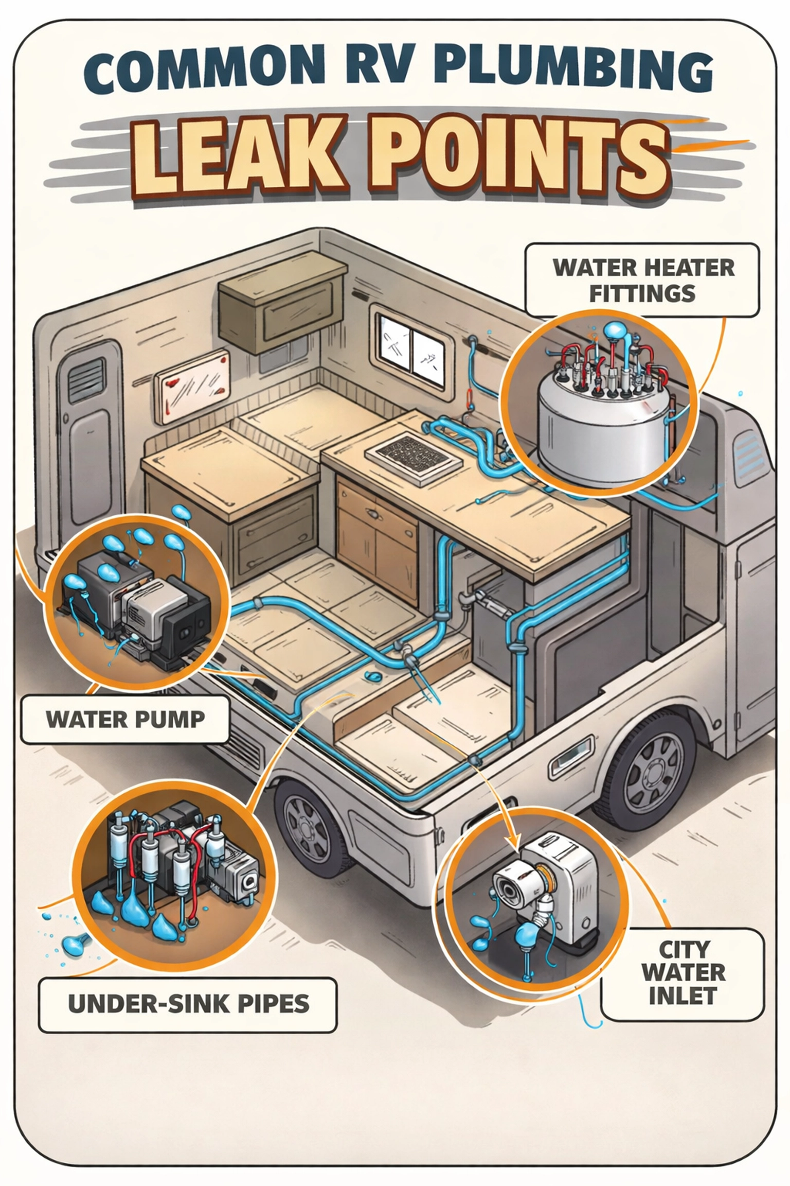 Infographic highlighting common leak points in RV plumbing to inspect during spring de-winterizing.