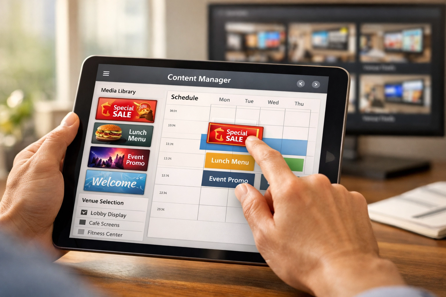 Digital signage content management dashboard on tablet for multi-venue operations