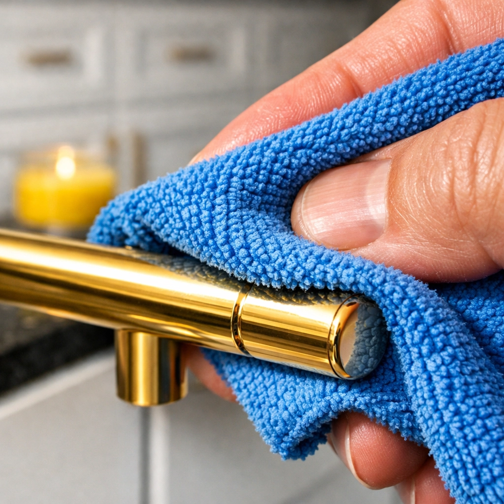 Detail-oriented post construction cleaning in Littleton focusing on polishing hardware with microfiber cloths.