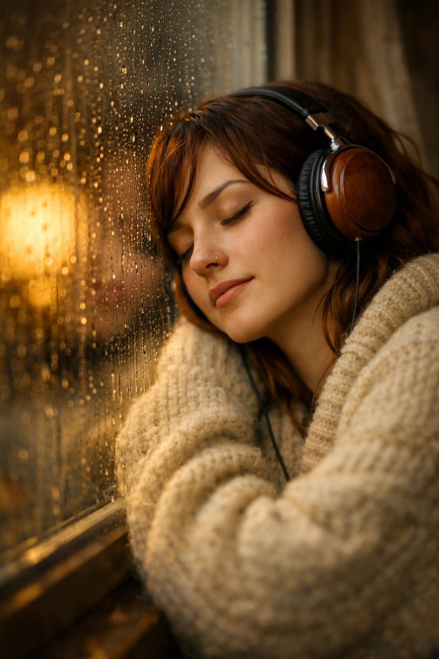 A lesbian woman with headphones by a rainy window, evoking heartfelt queer and Sapphic yearning.