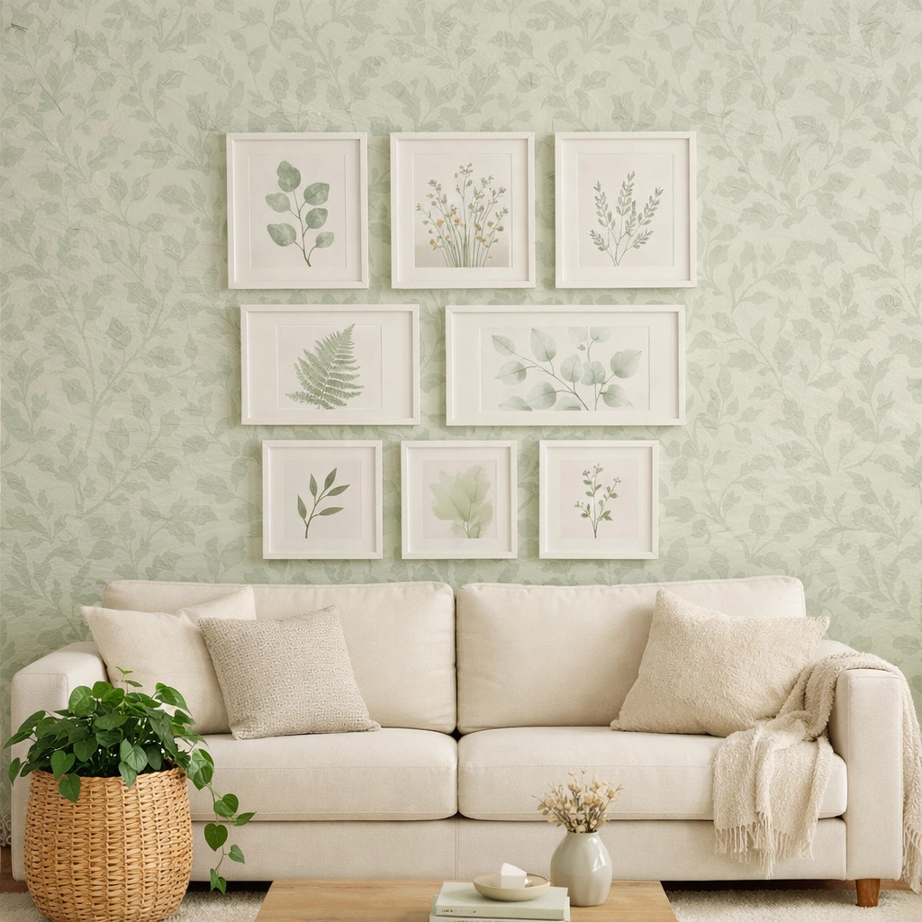 Renter-friendly living room with peel and stick wallpaper and gallery wall above cream sofa