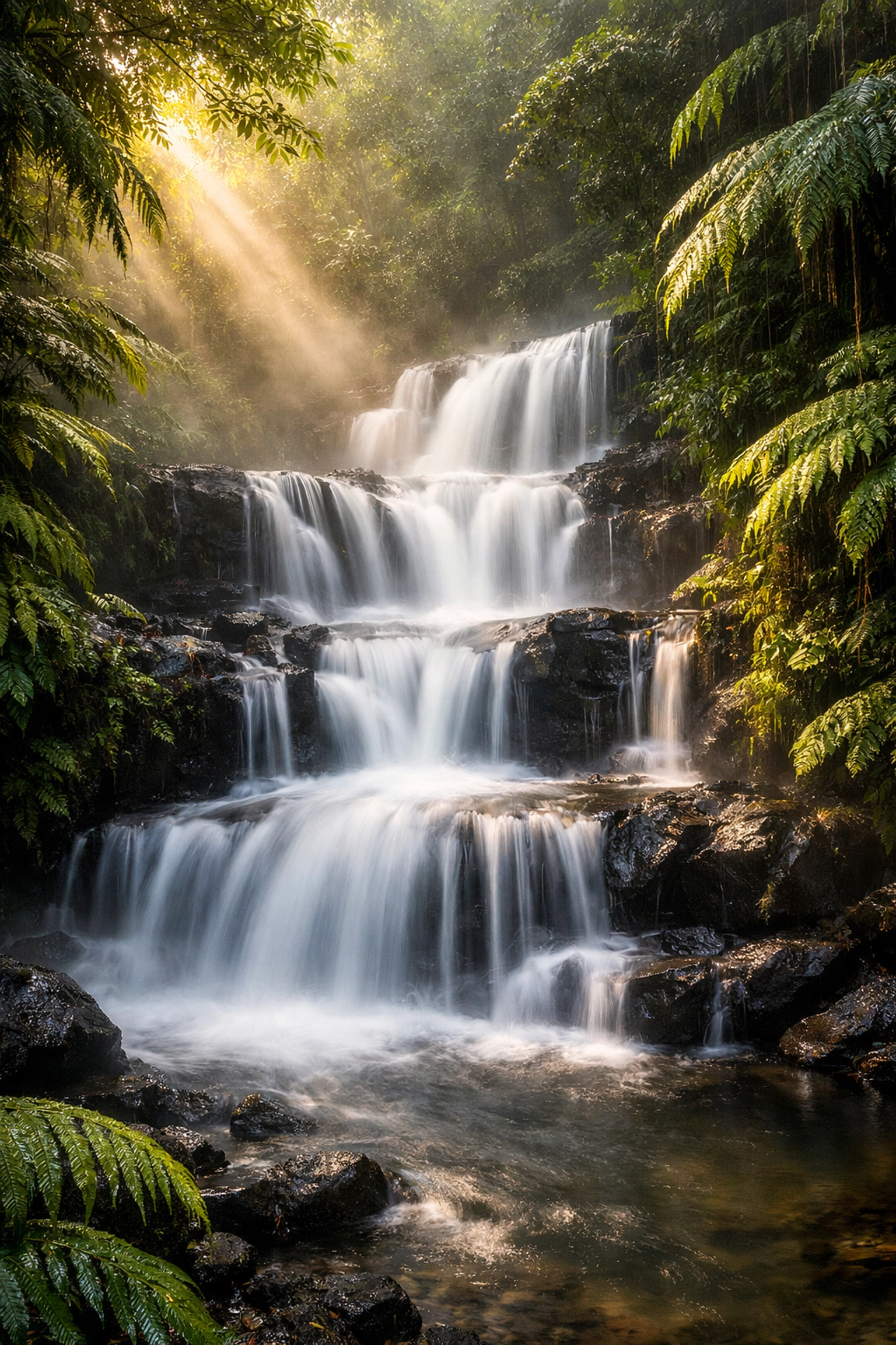 Long-exposure jungle waterfall with silky water, illustrating advanced landscape photography tips for motion.