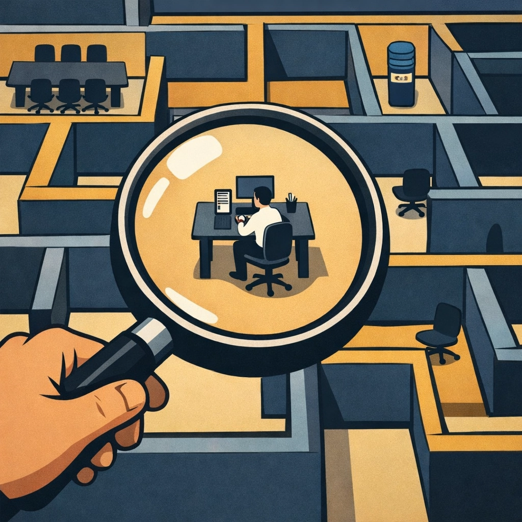 An office maze with a giant magnifying glass representing corporate micromanagement and surveillance.