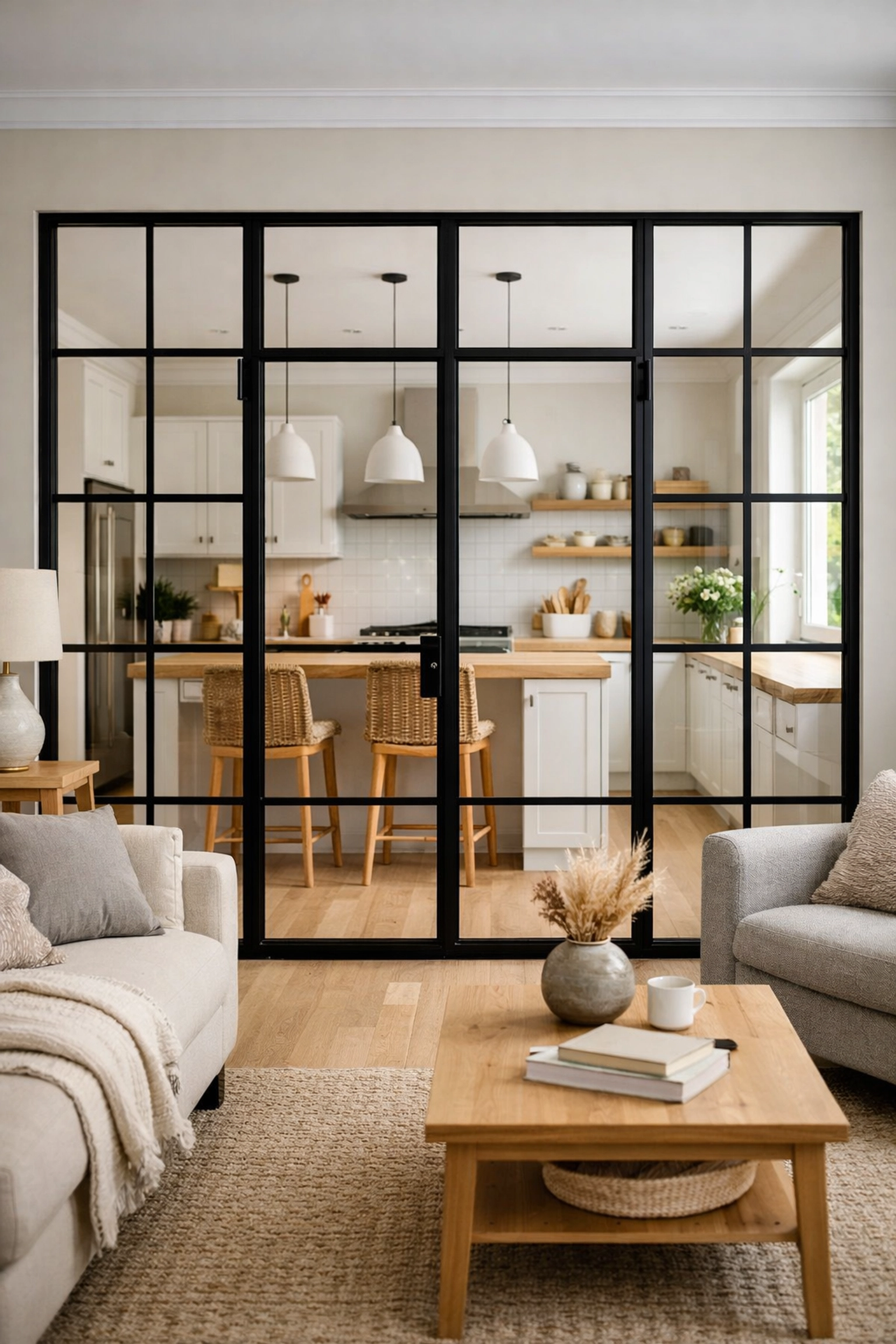 Glazed screen divider between kitchen and living space in contemporary home extension