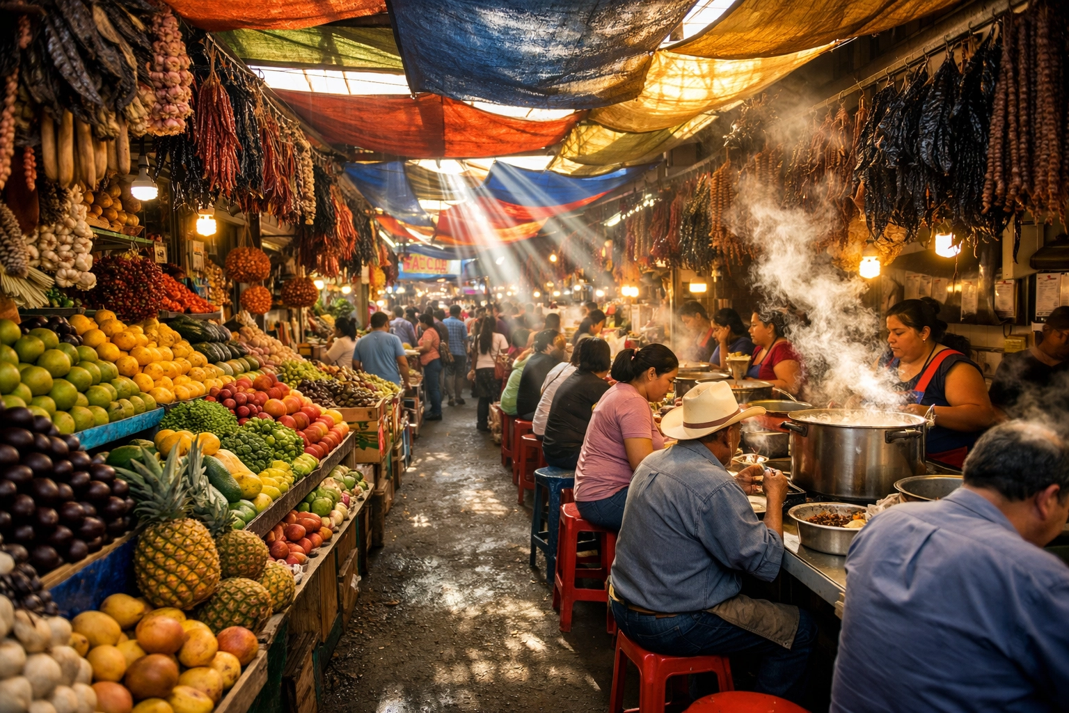 A busy traditional Mexico City market with colorful fruit stands and local food stalls for budget travelers.
