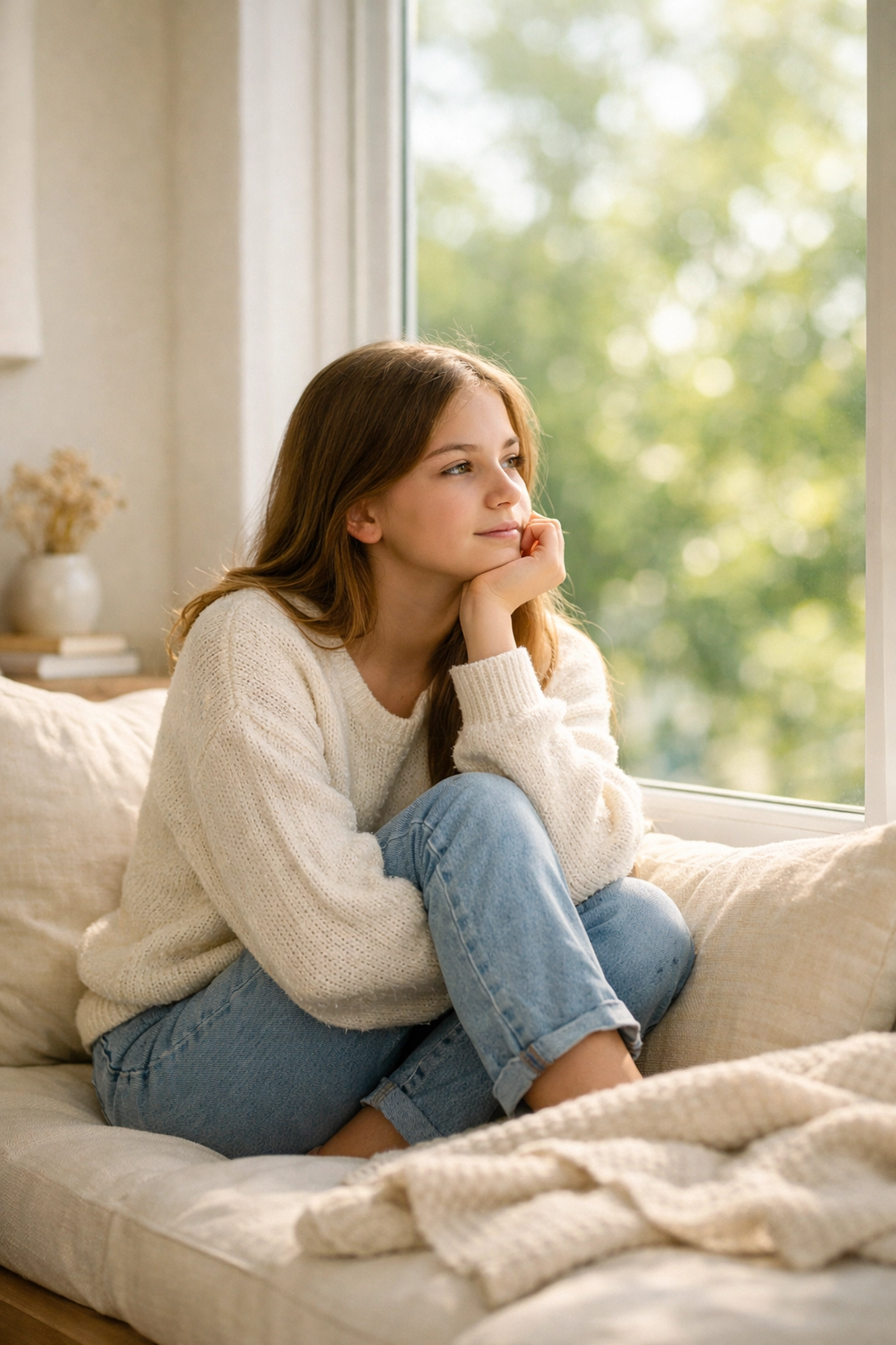 Teenage girl reflecting by a window, finding hope at a youth residential treatment center.