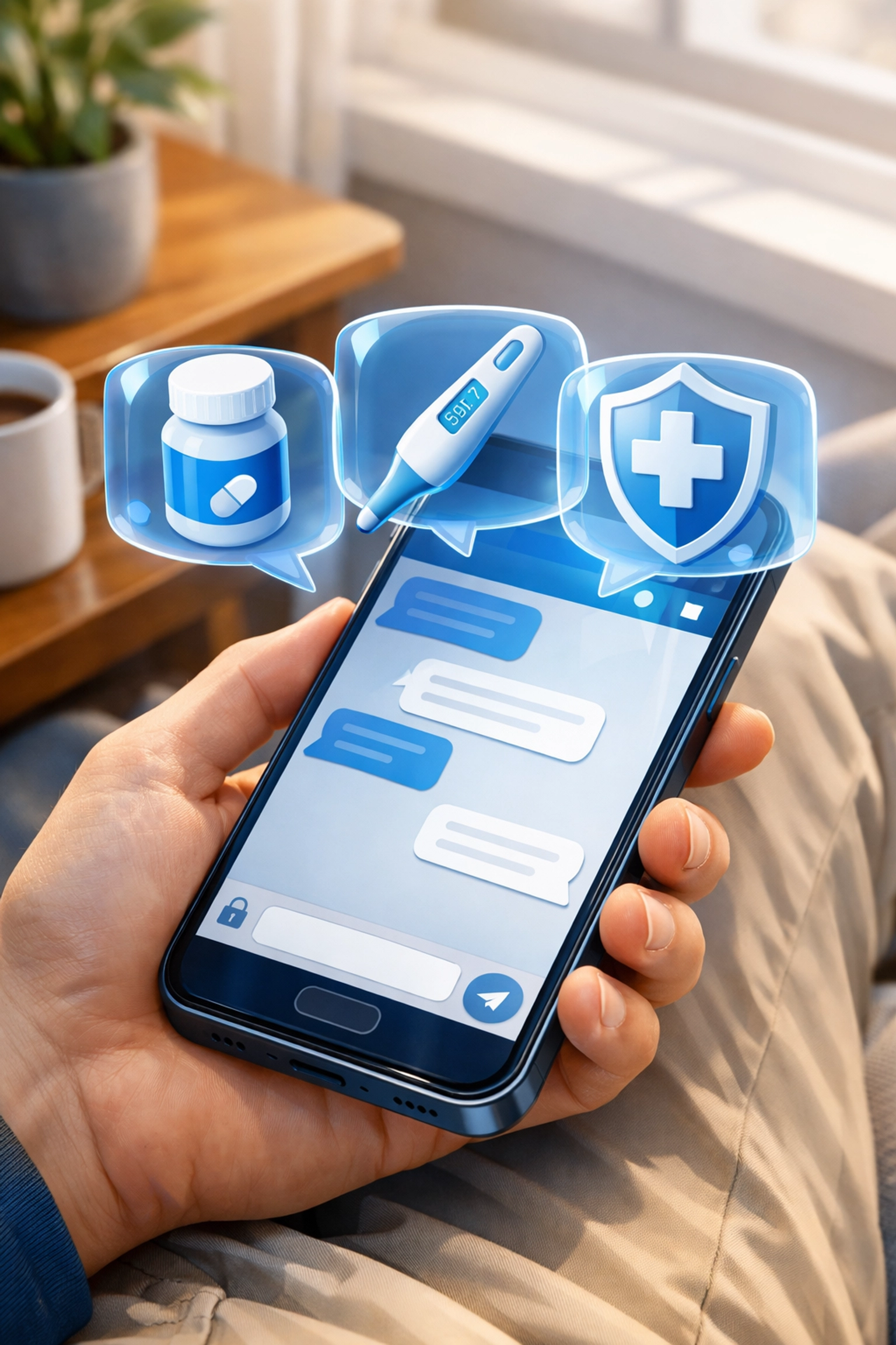 Secure online medical chat on a smartphone for 24/7 primary care and medication refills.
