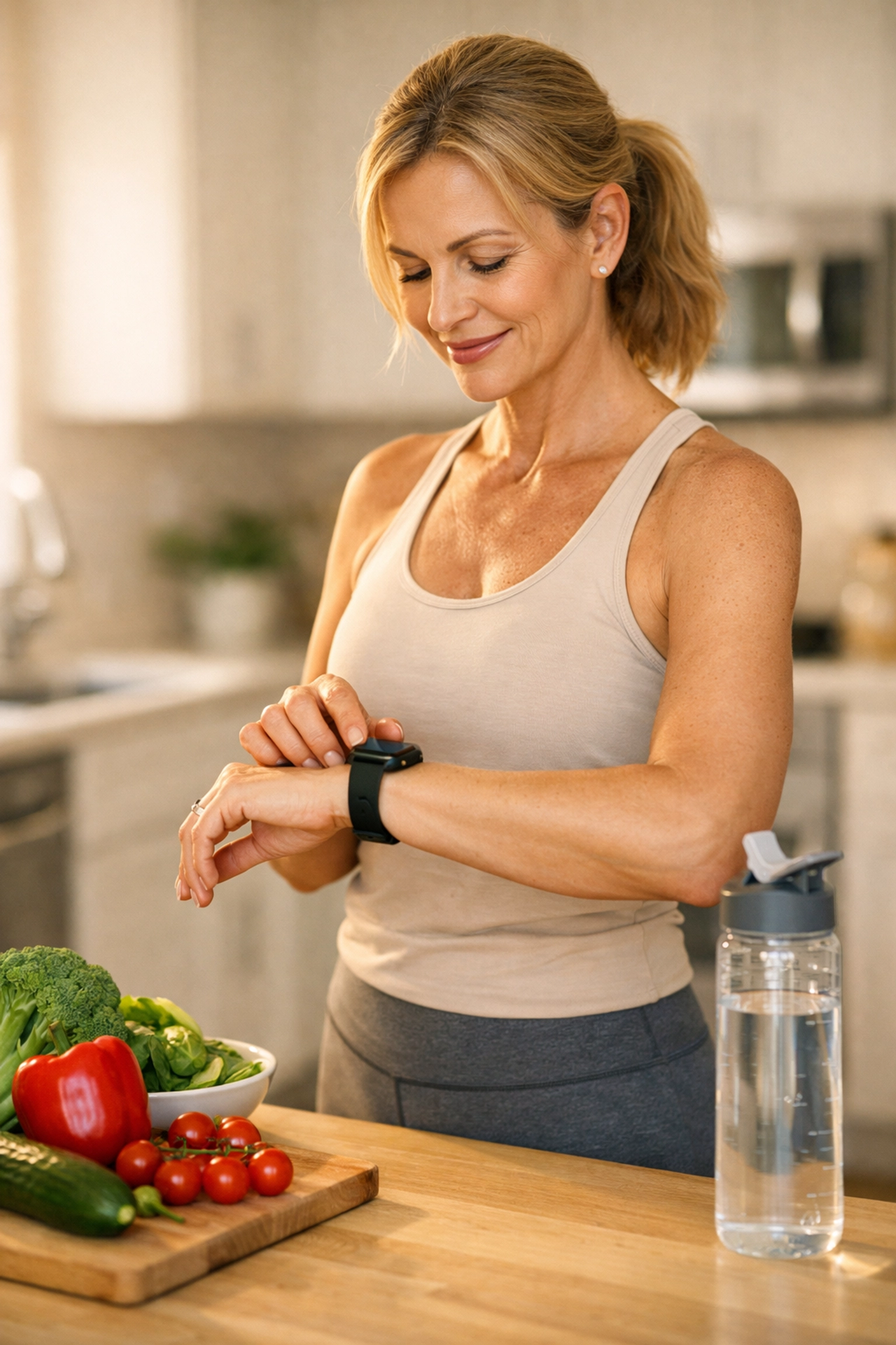 Woman practicing healthy lifestyle habits in kitchen for preventive wellness
