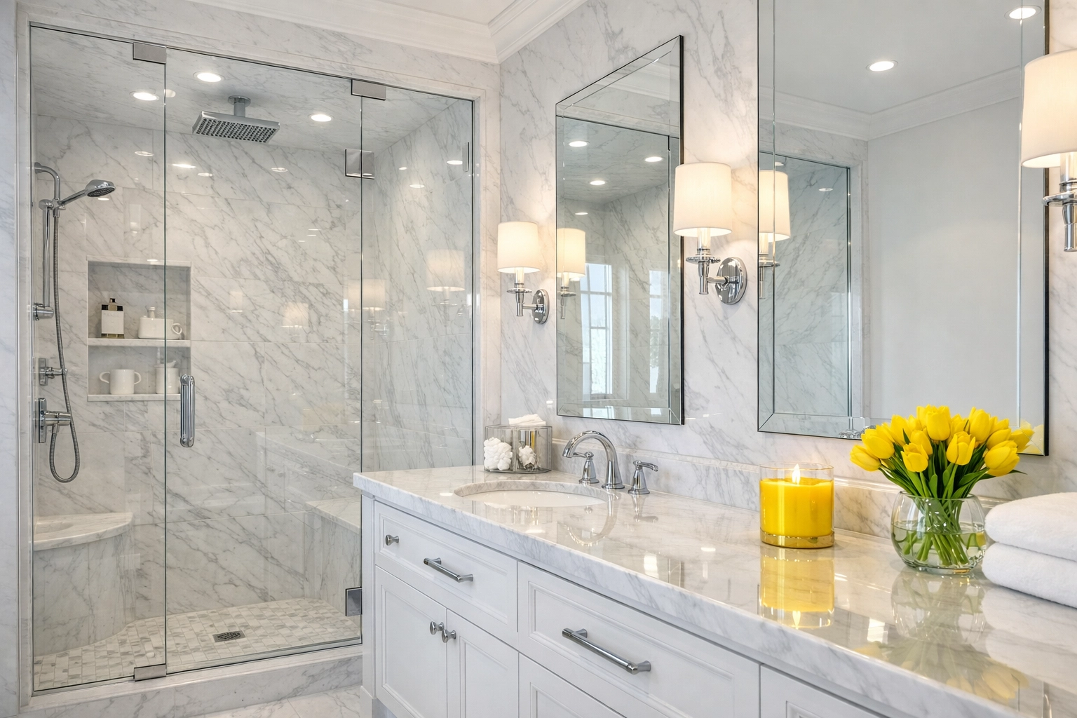 Professionally deep cleaned master bathroom with sparkling marble and chrome fixtures.