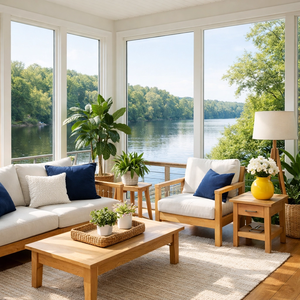 Sun-filled Lowell sunroom showing the healthy results of eco-friendly green cleaning services Lowell MA.