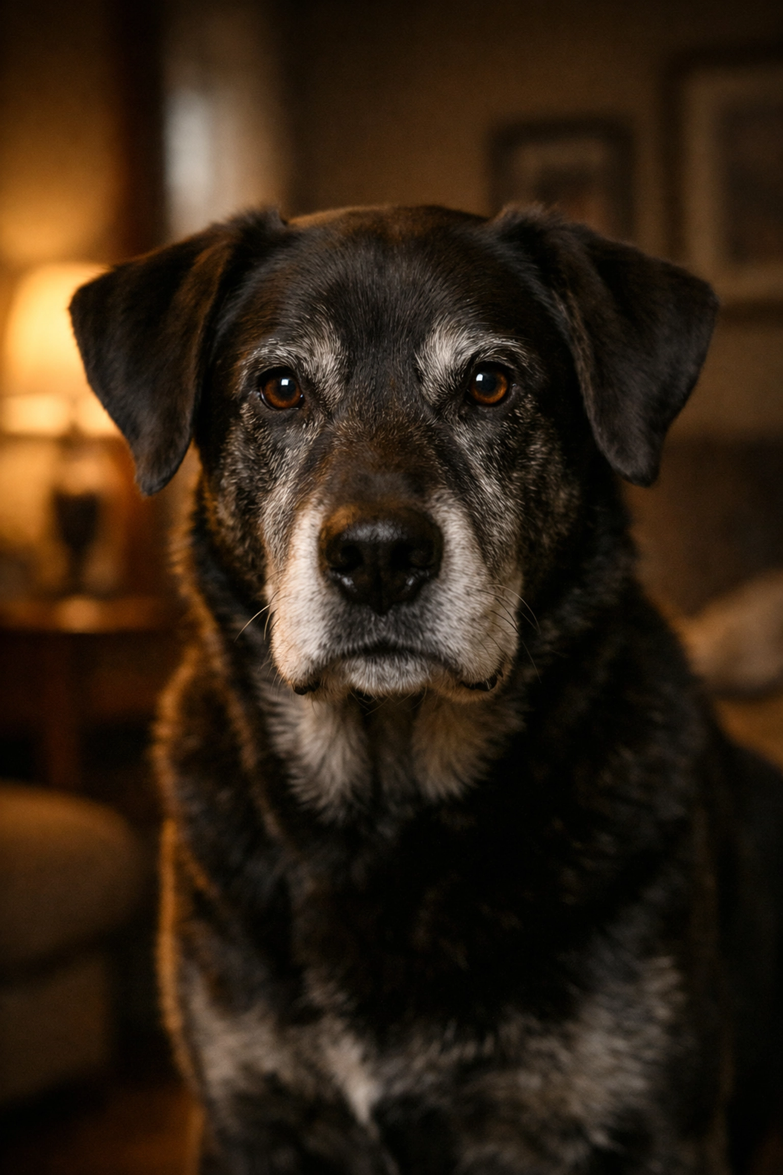 A heroic senior Labrador mix standing guard, illustrating canine devotion and loyalty in a Portland home.