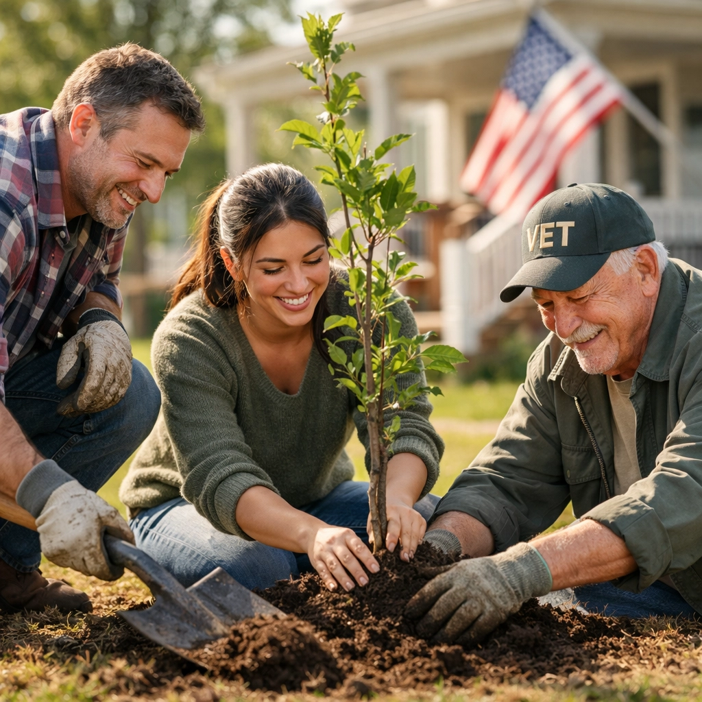 Diverse citizens and a veteran planting a tree to show civic duty and active community volunteerism.