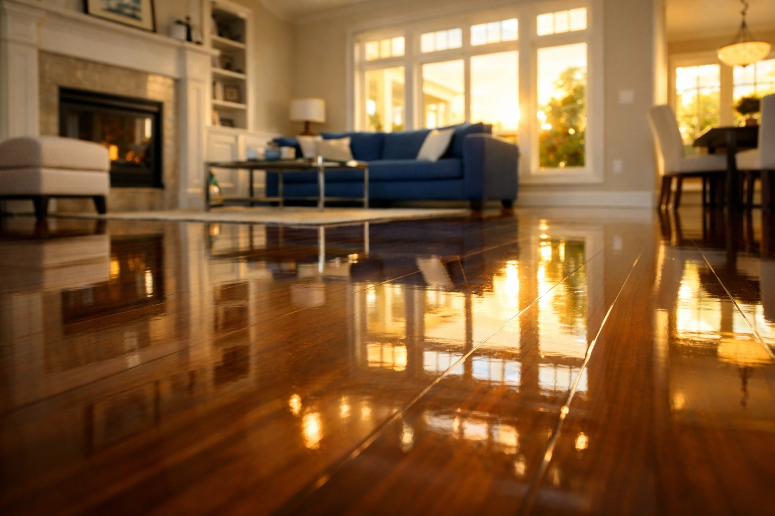 Shiny polished hardwood floors in a sunny living room after a professional deep cleaning Townsend service.