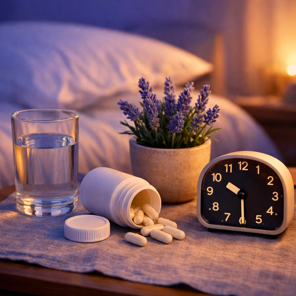Magnesium supplement capsules on bedside table at night for better sleep and relaxation