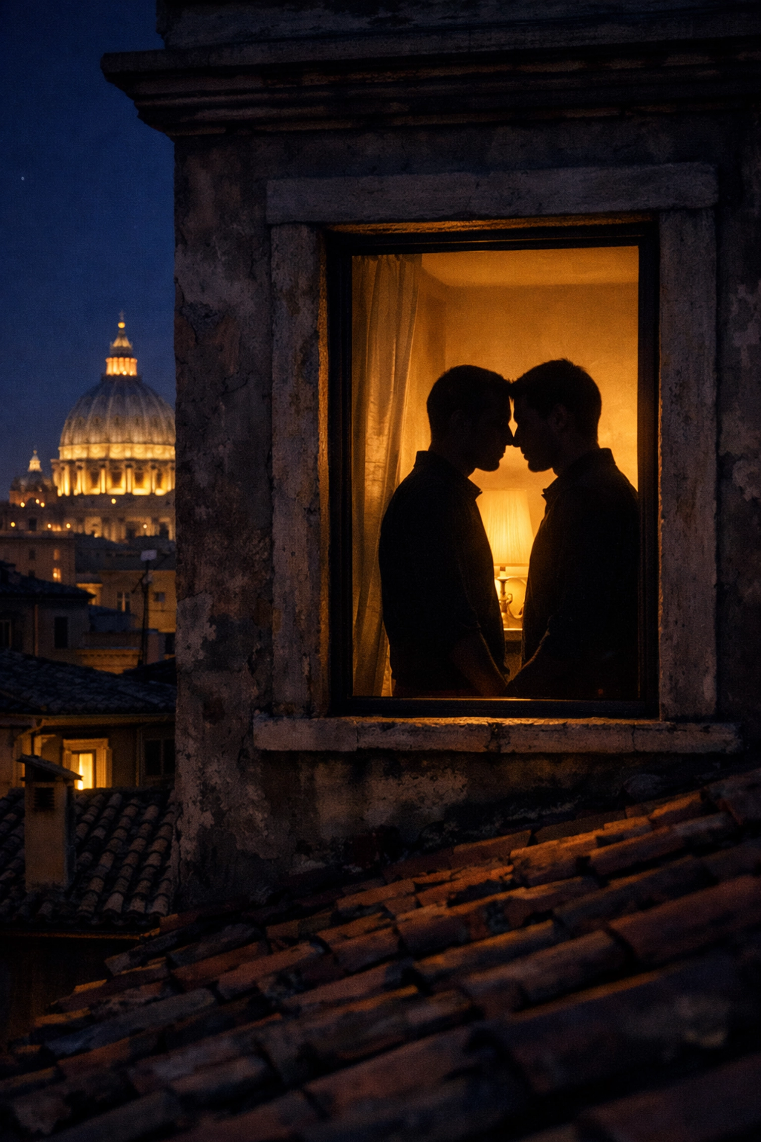 Two men silhouetted at window overlooking Vatican - secret gay romance in Catholic Rome
