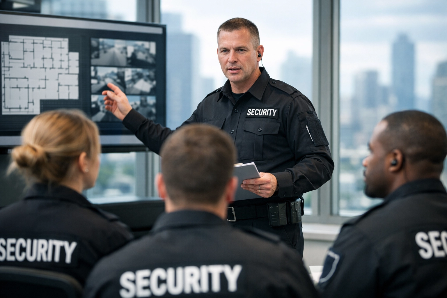 Security team receiving professional training on Martyn's Law and anti-terror protocols in a London office.