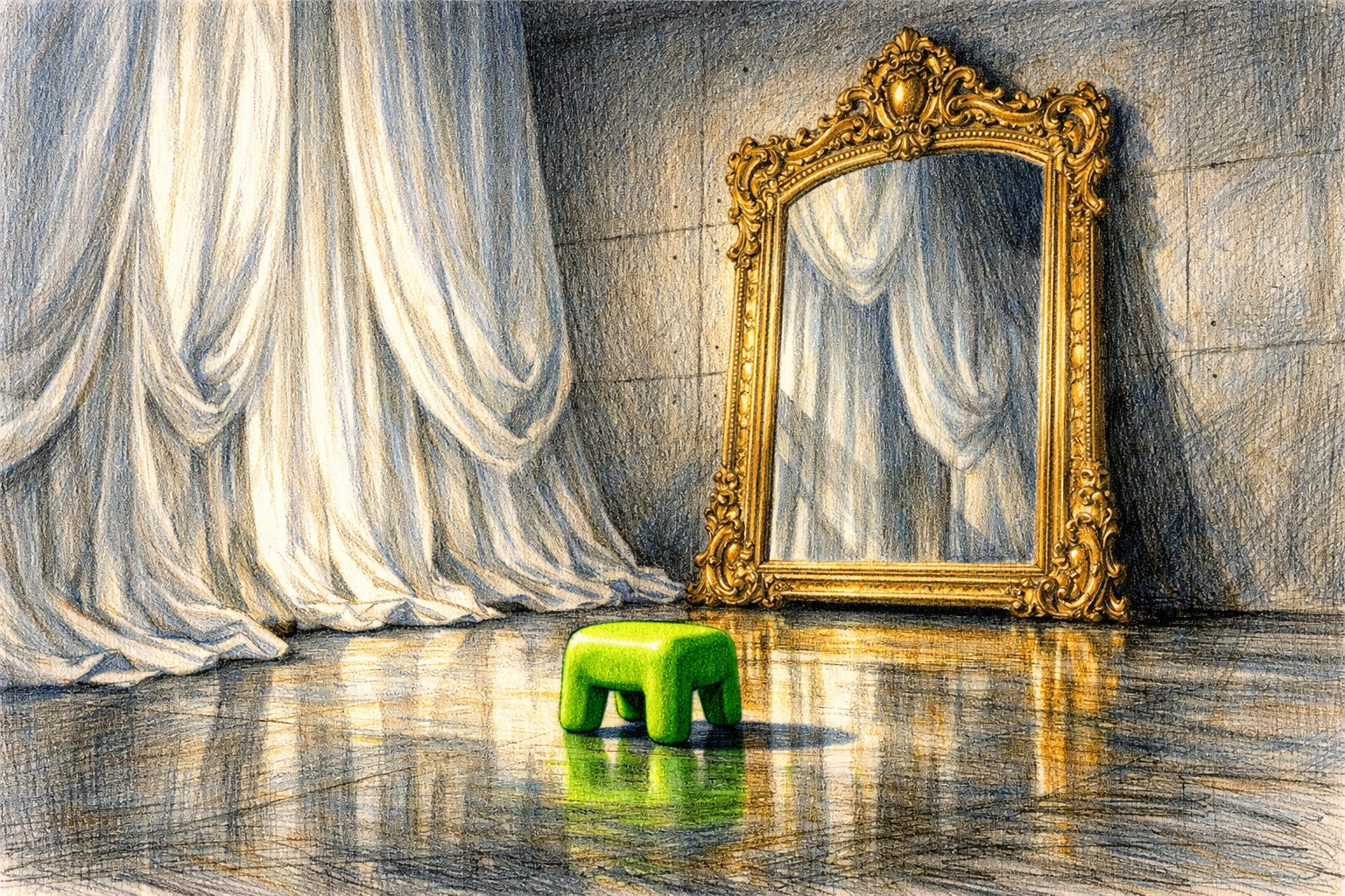 Surreal boutique hotel lobby with tall silk curtains and a massive ornate gold mirror.