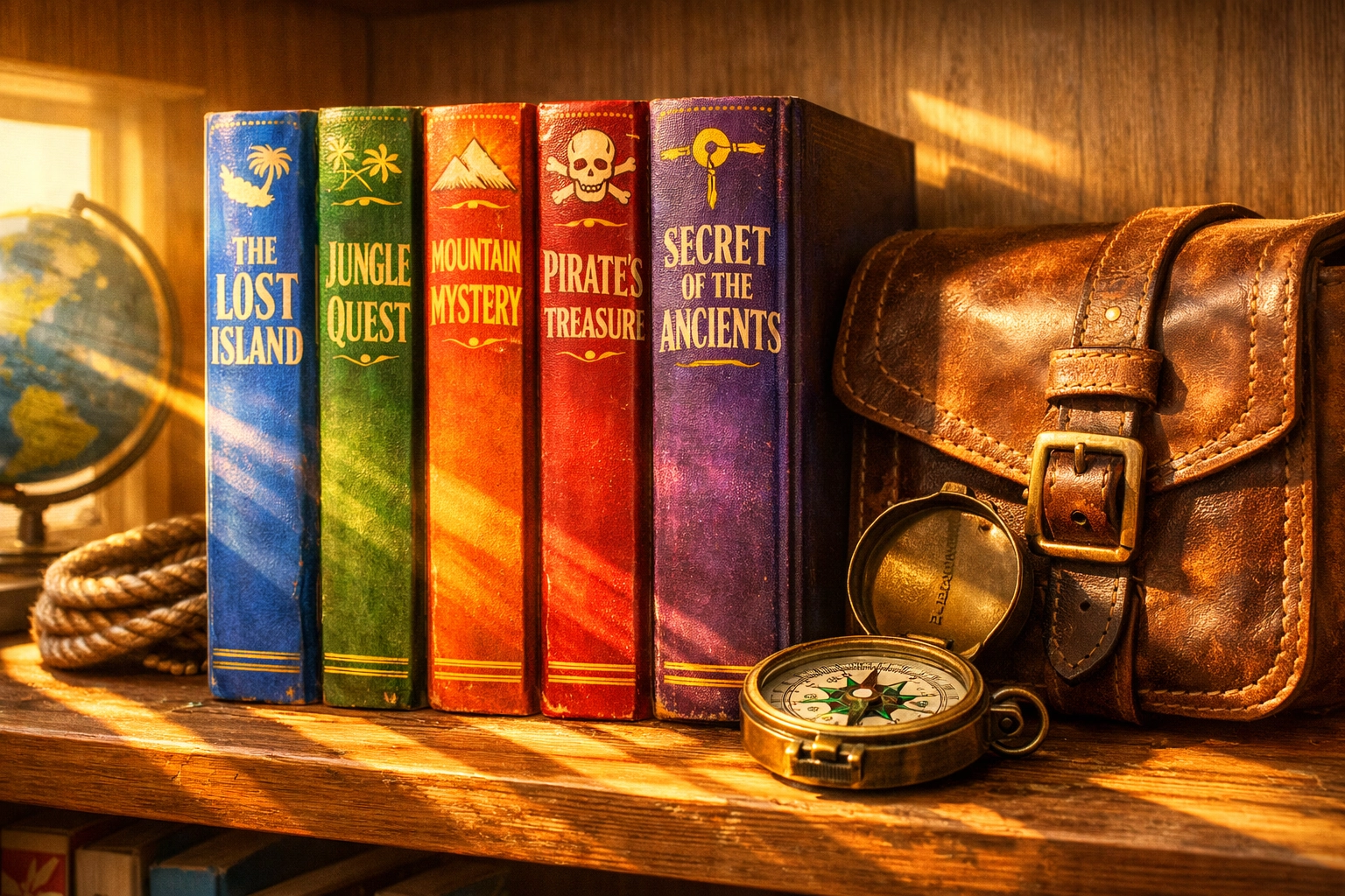A colorful adventure book series for children displayed on a shelf with a travel explorer compass.