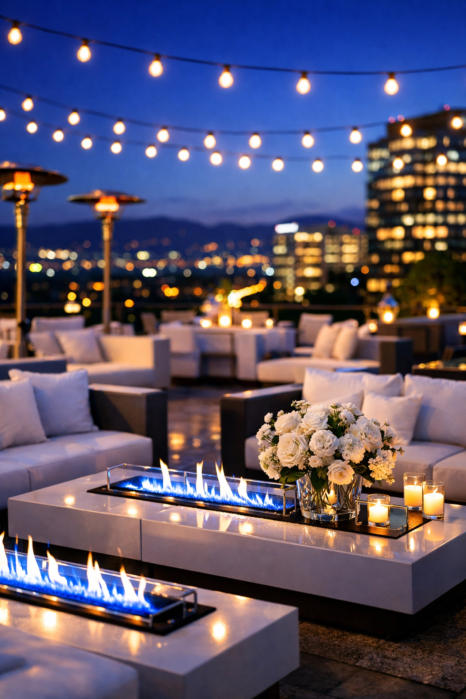 Elite Super Bowl VIP corporate lounge with modern decor on a Silicon Valley rooftop.