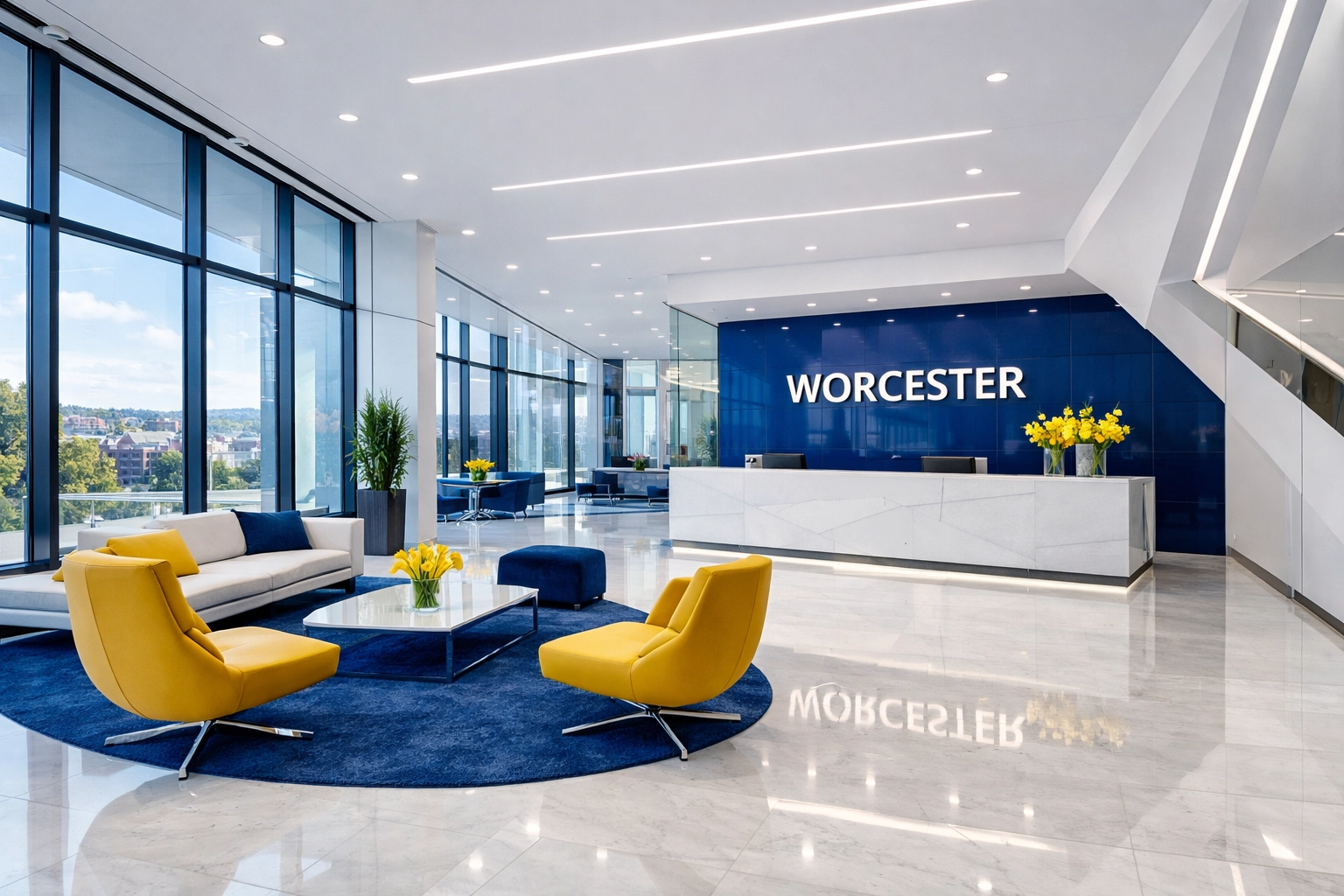 Spotless office lobby in Worcester MA showing professional commercial cleaning results for safety.