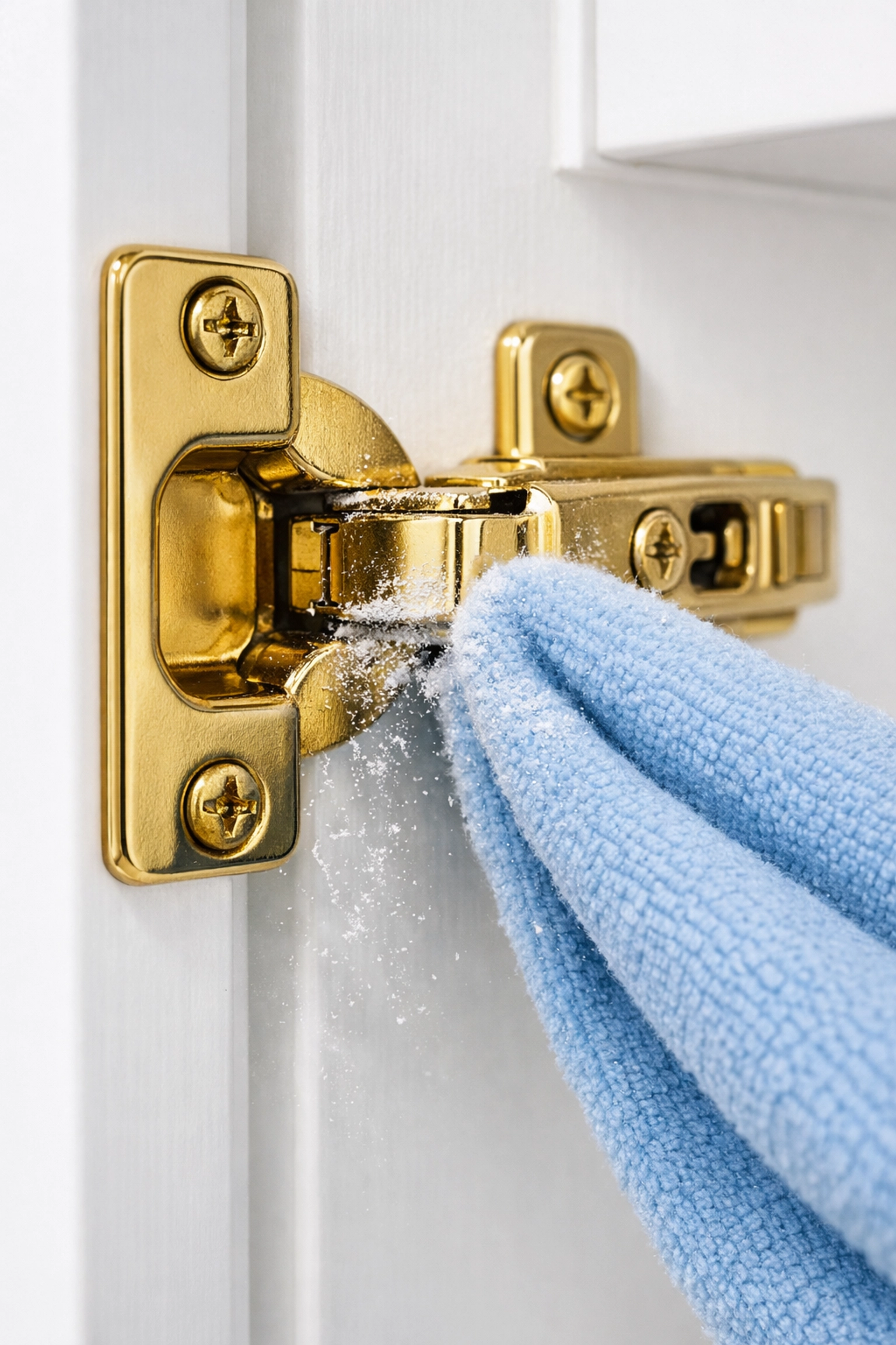 Meticulous post-construction cleaning MA removing drywall dust from high-end cabinet hinges.