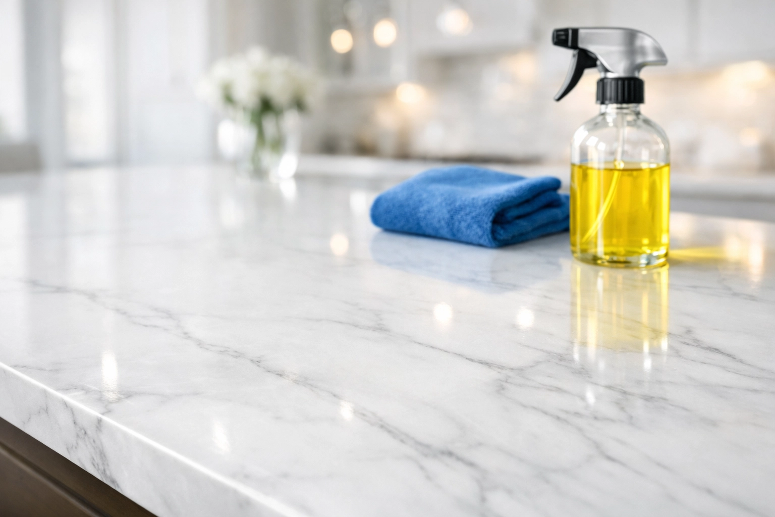 Professional cleaning of a white marble kitchen island in North Reading using safe, eco-friendly products.