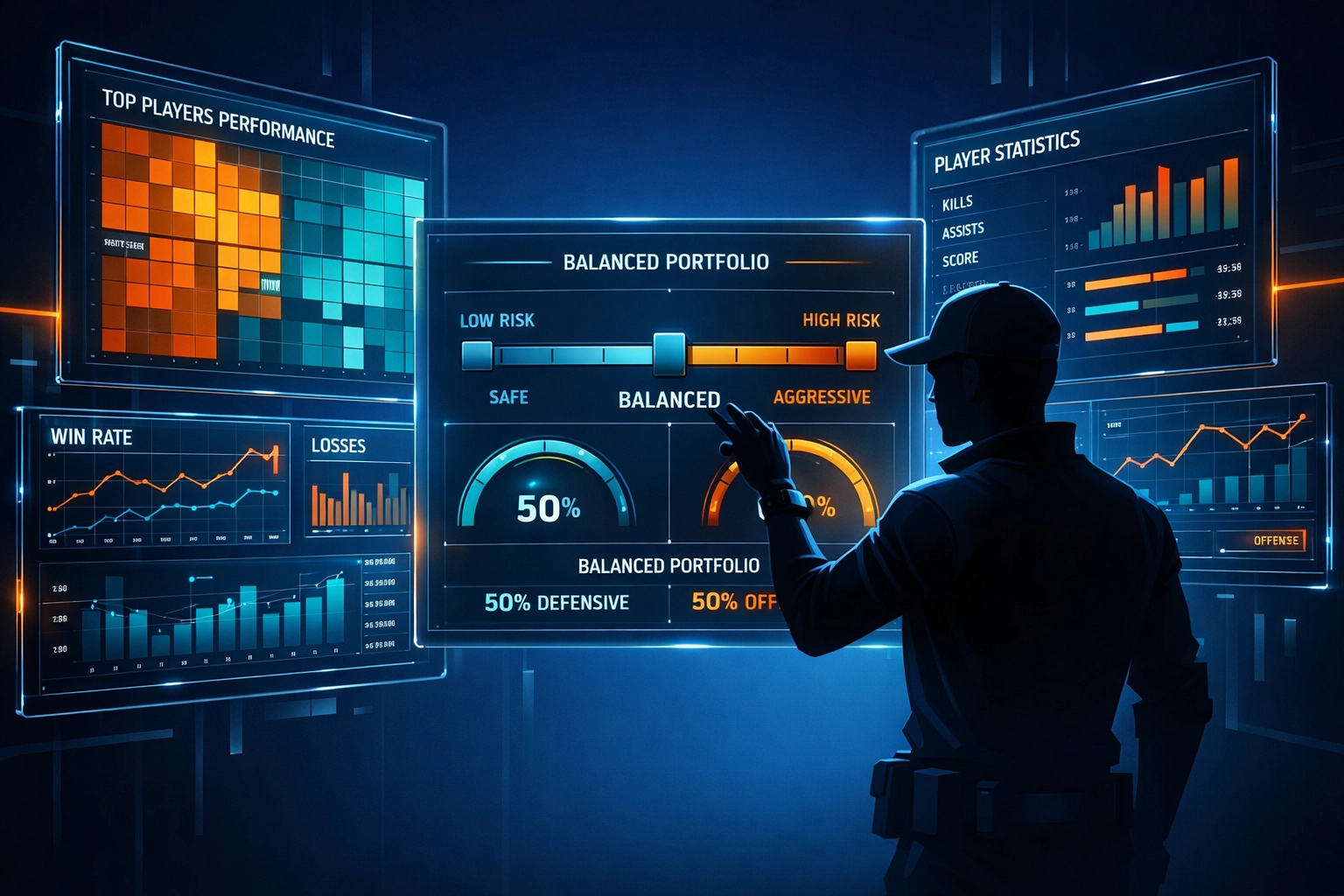An investor analyzing athlete performance metrics and market data on a digital sports trading terminal.