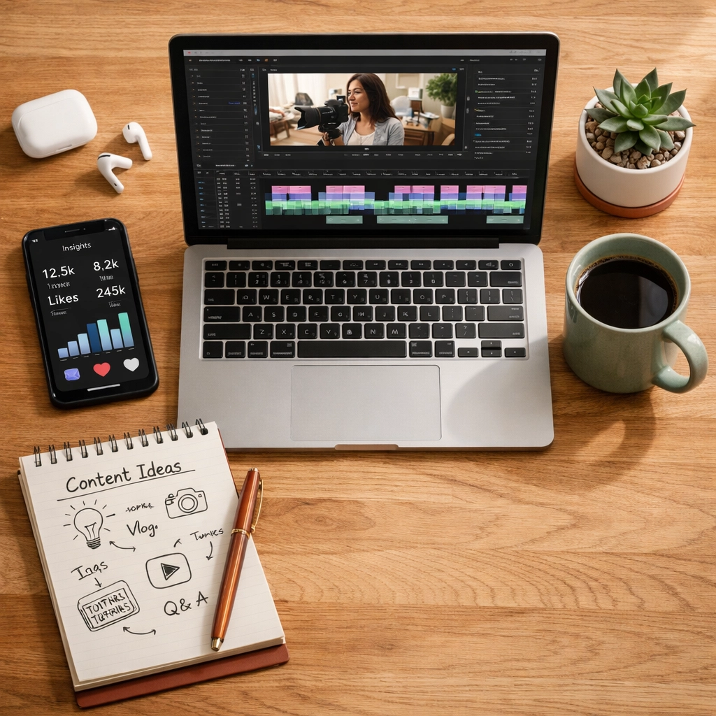 Content creation workspace with laptop and smartphone for multi-platform SEO and digital marketing strategy