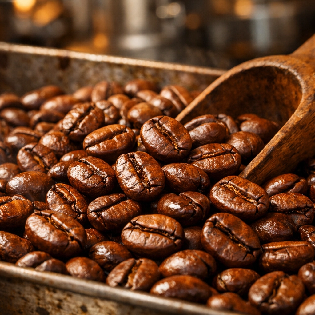 Close-up of freshly roasted, rich brown coffee beans ready for grinding and brewing.