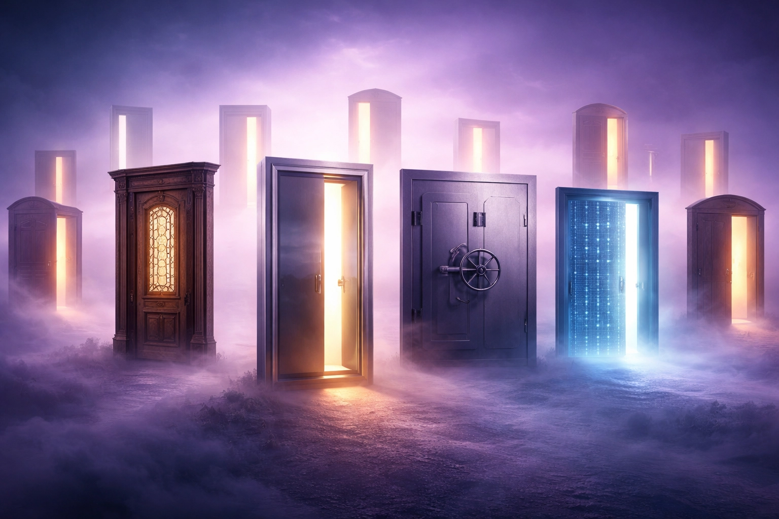 Variety of doors representing accredited investors’ access to exclusive alternative investment options