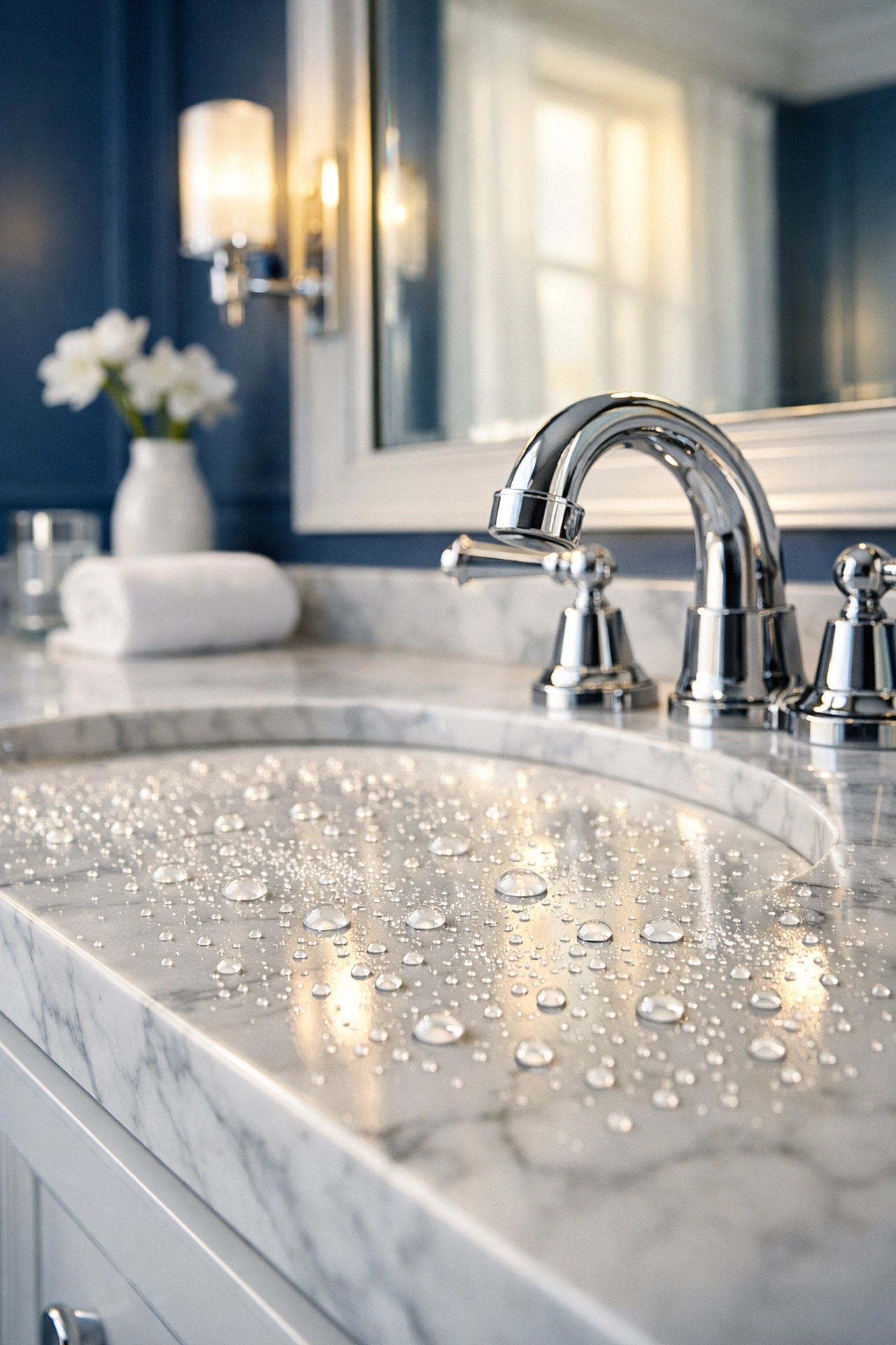 A marble vanity showing the secret to deep cleaning Worcester bathrooms using professional dwell time.