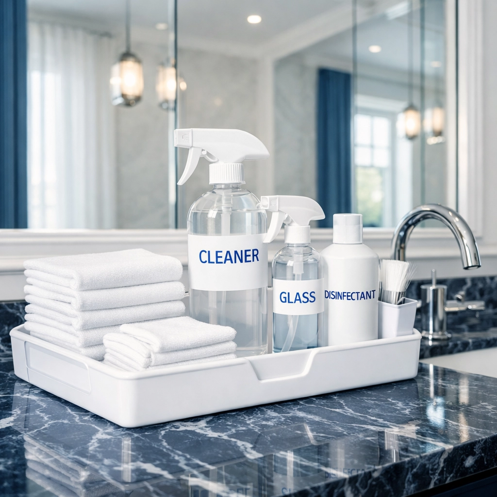 Organized cleaning supplies on a marble bathroom counter for transparent house cleaning Townsend MA.