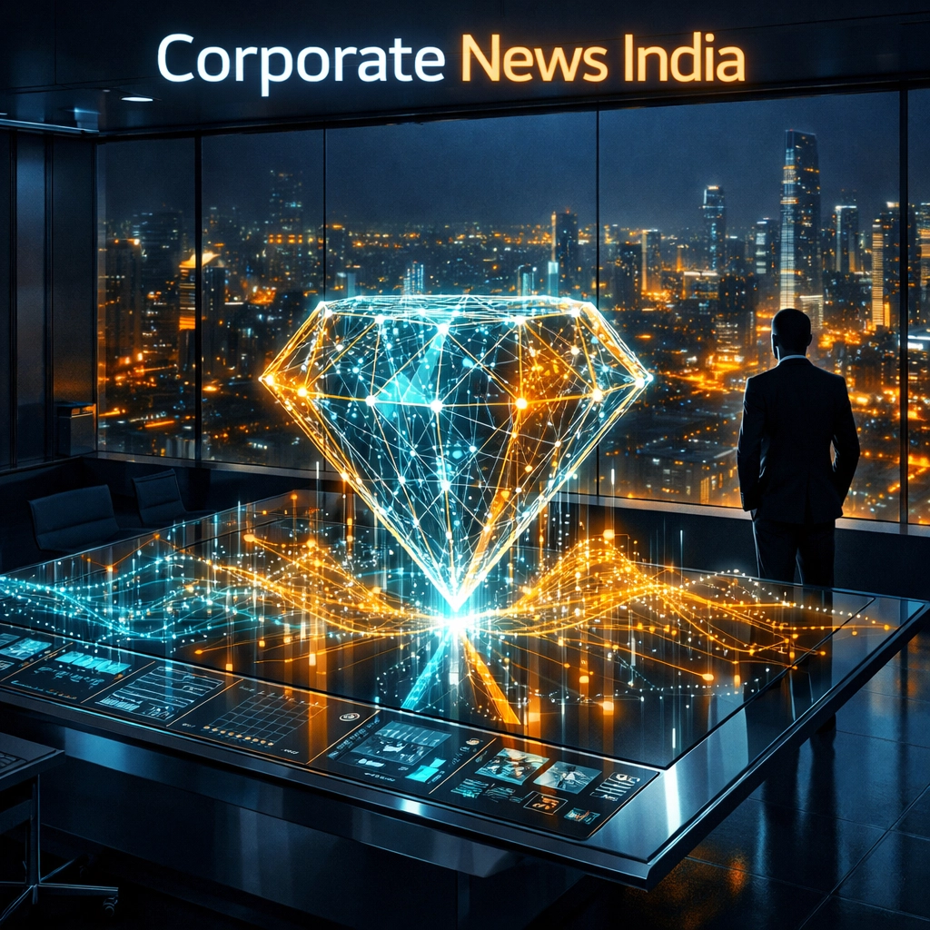 Futuristic data network showing strategic insights for Corporate News India mergers and business intelligence.