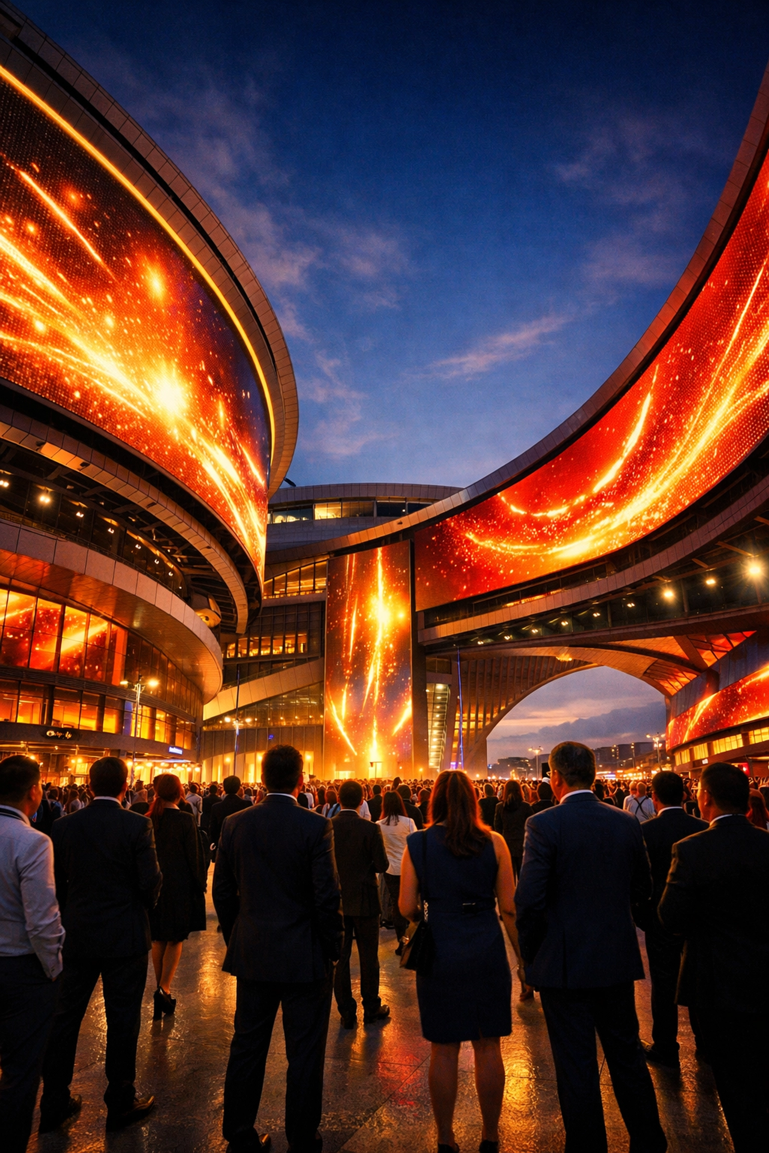 Global sports stadium featuring vibrant digital media displays and large scale event installations.