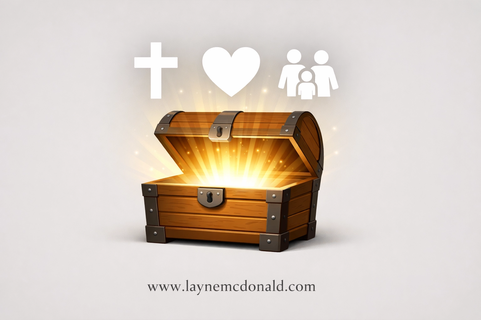 Treasure chest with a cross and family icons, illustrating the biblical theme of true treasure.