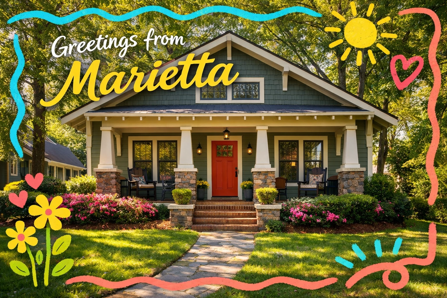 Craftsman bungalow in tree-lined Marietta neighborhood during spring home buying season Craftsman bungalow in tree-lined Marietta neighborhood during spring home buying season