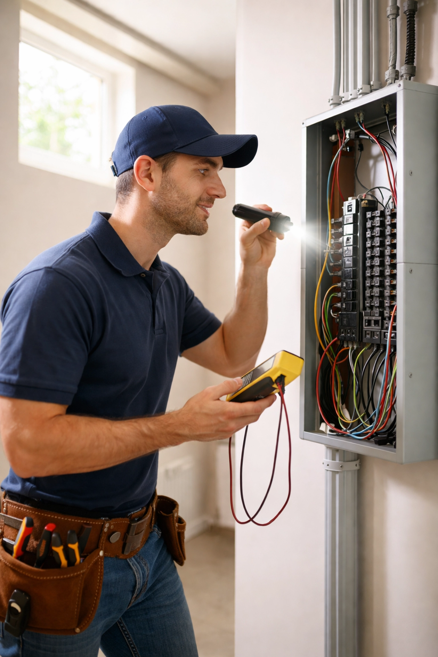 Licensed electrician inspecting a residential electrical panel before winter in a Maine home