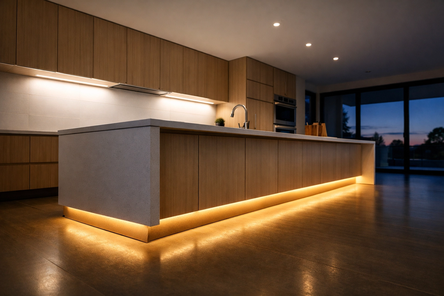 Contemporary kitchen featuring layered LED lighting with under-cabinet tasks and warm toe-kick accents.