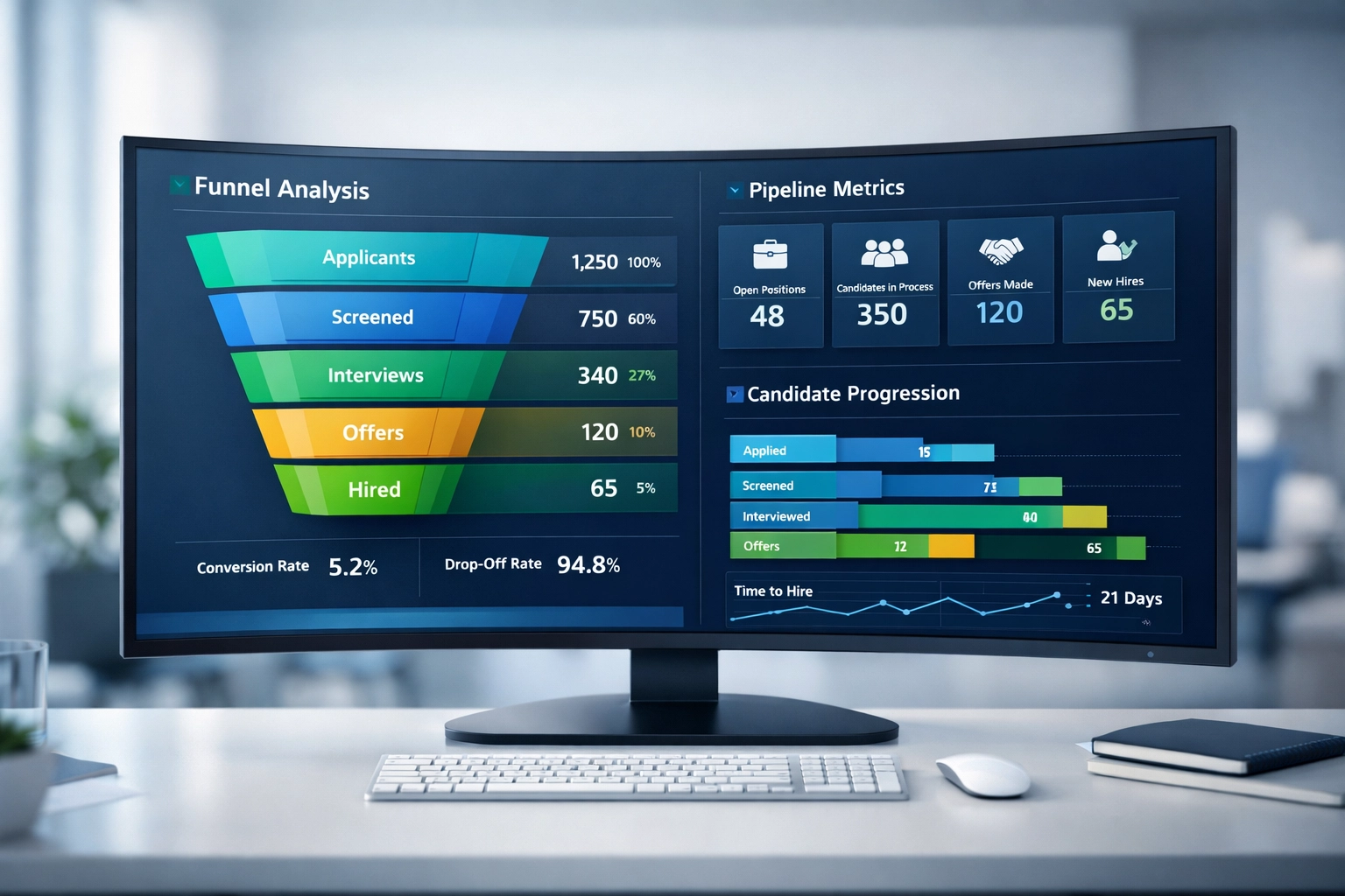 Talent funnel analytics dashboard showing recruitment pipeline metrics and conversion rates