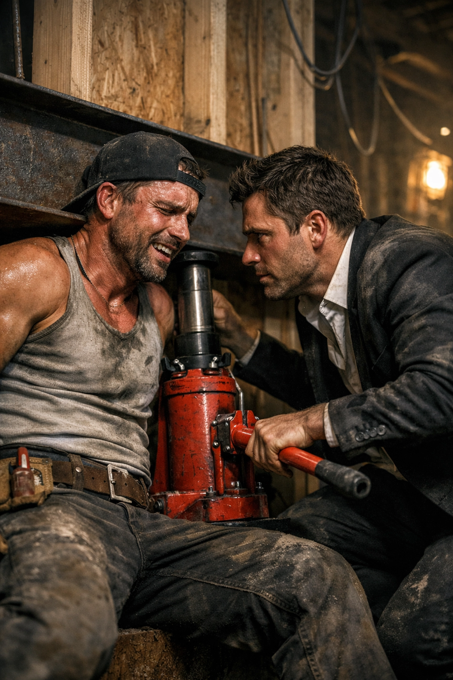 A dramatic scene of a client helping a trapped handyman, showcasing a protective moment in contemporary gay romance.